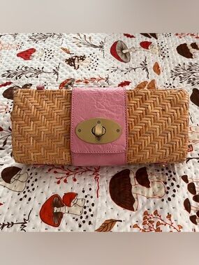 Woven Straw Clutch with Pink Leather Trim